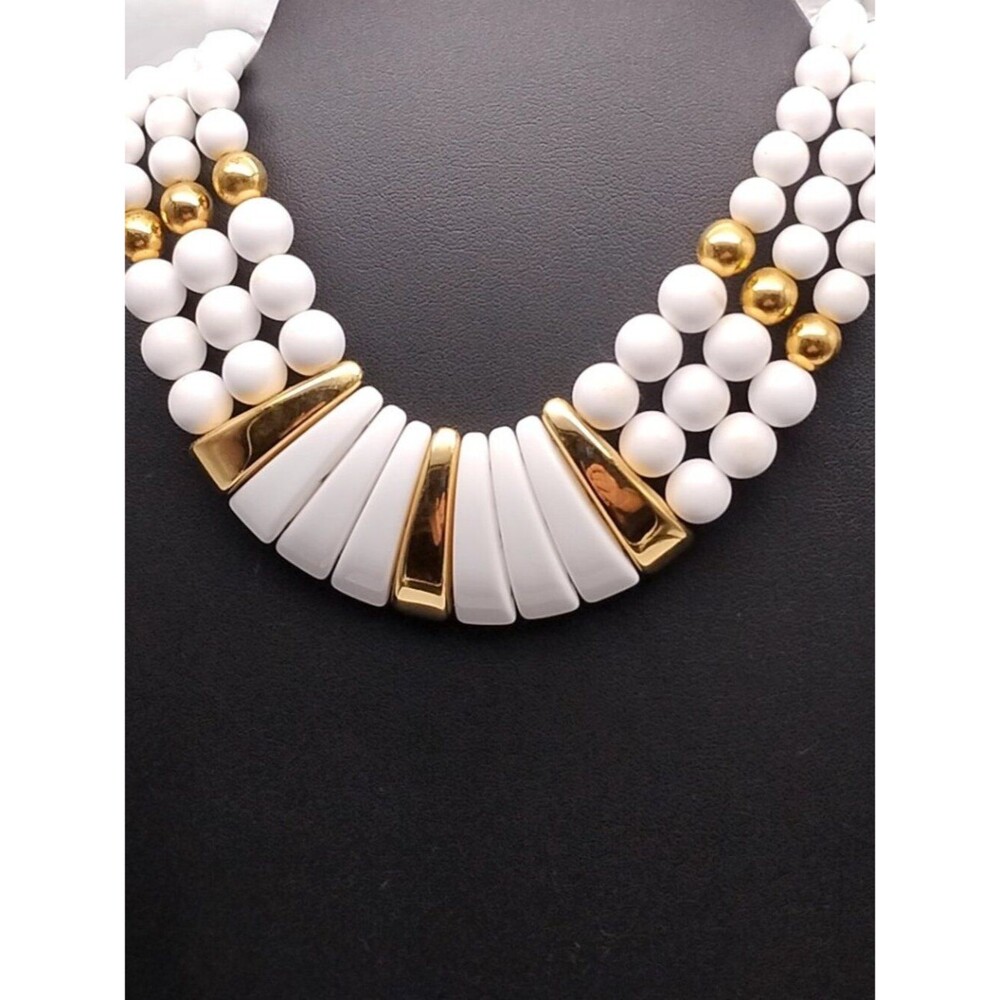 Vintage Napier White Statement Choker Necklace Multi-Strand Gold Tone 1980s